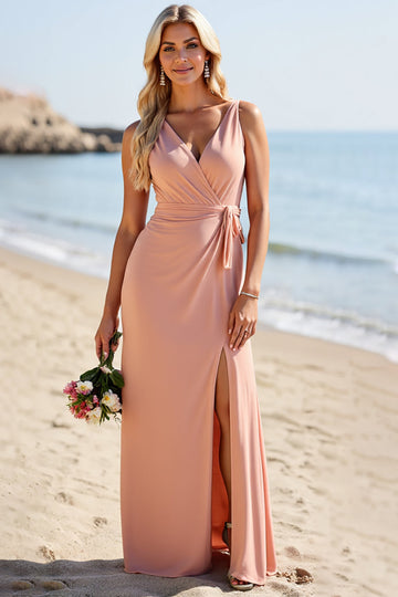 Blush Satin Gaine Col V Robe de demoiselle d’honneur longue avec fente